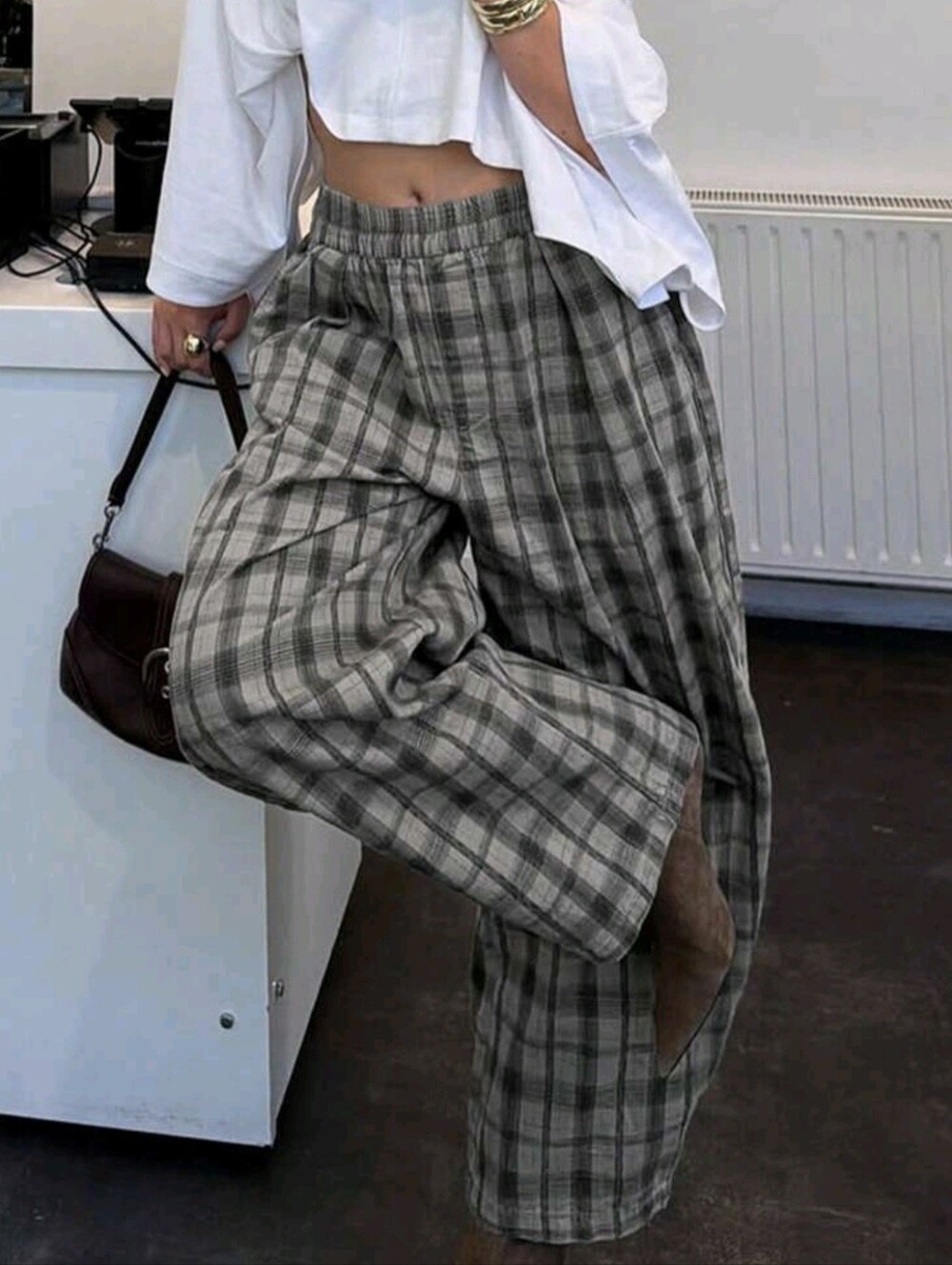 Women's Grey Plaid High Waist Barrel Leg Pleated Loose Wide Leg Pants, Fashion